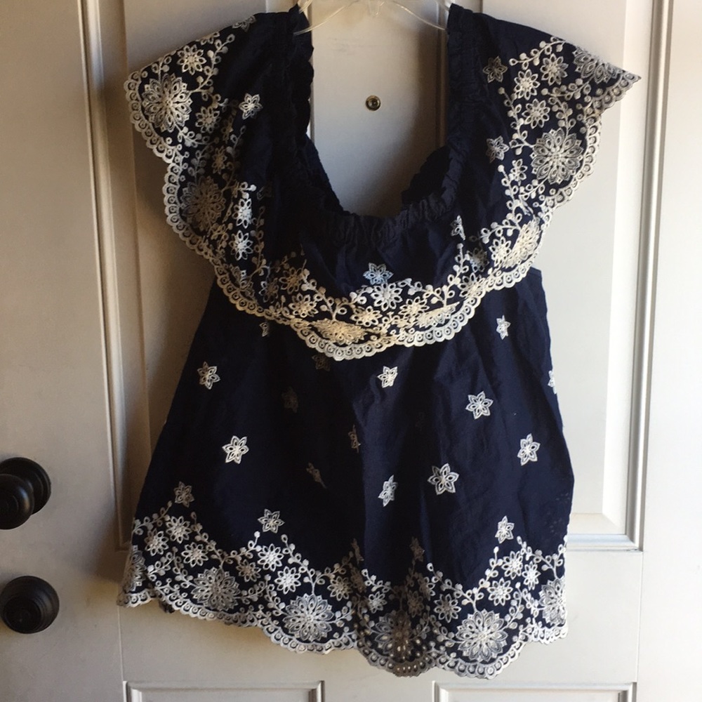 Navy blue and white off the shoulder blouse